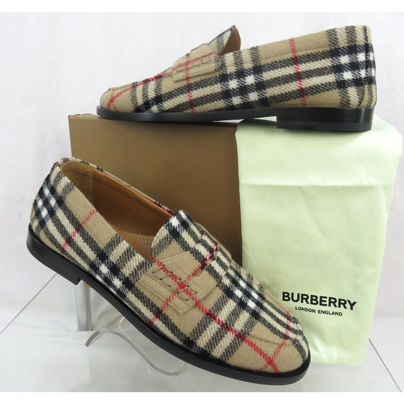 NIB $790 BURBERRY HACKNEY BEIGE CHECK WOOL PENNY LOAFERS 12 US 45 ITALY - Picture 7 of 14